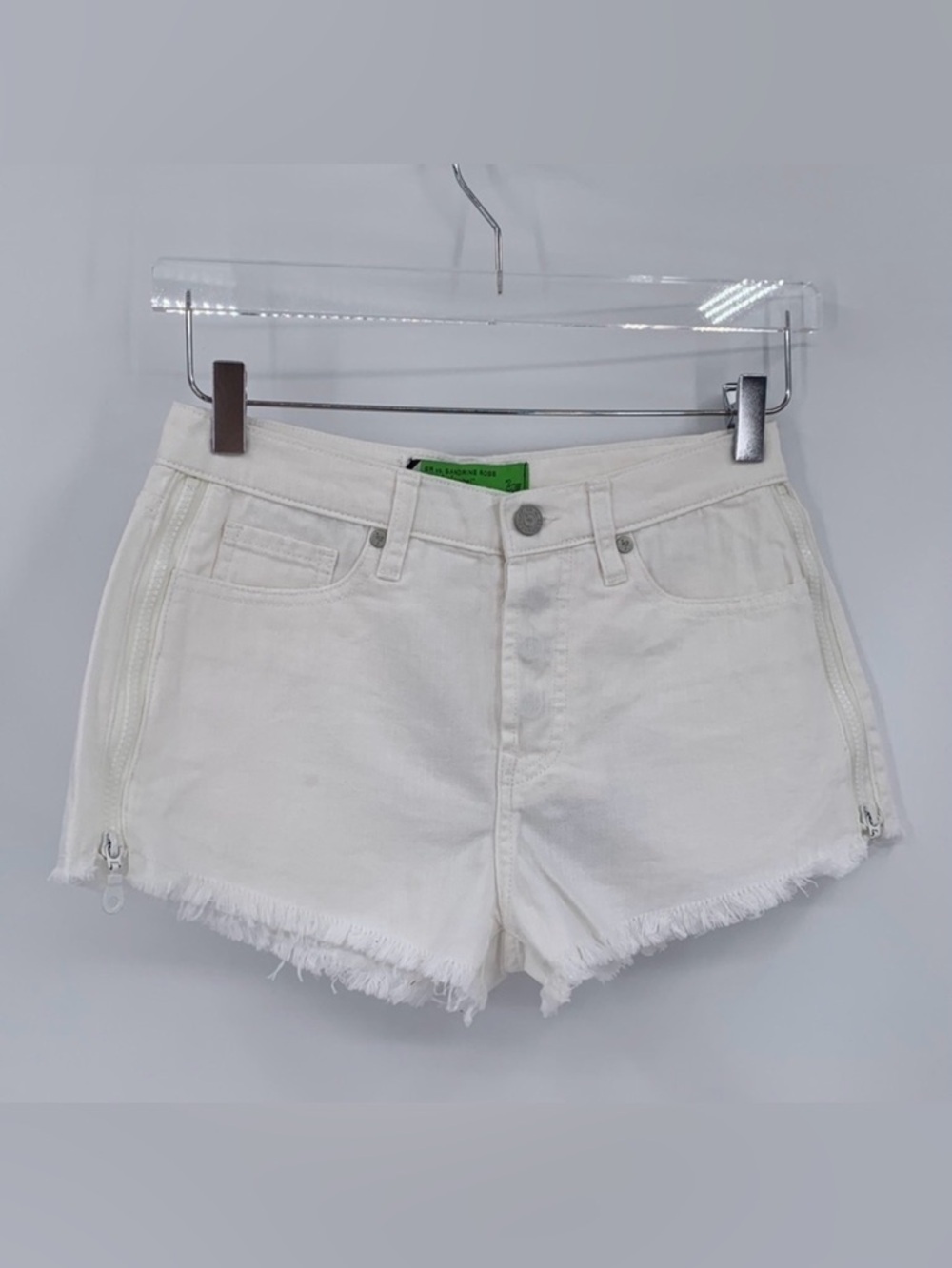 Sandrine Rose cut-off white denim jean shorts side zipper raw frayed hem new 29